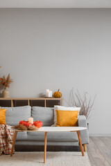 Interior of cozy living room with pumpkins, table and sofa