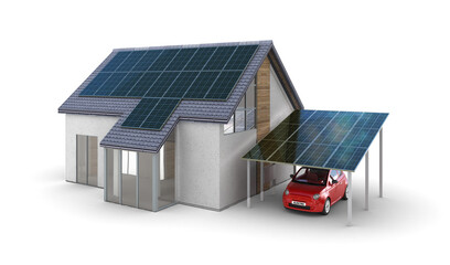 Fototapeta Solaranlage an einem Einfamilienhaus mit Carport (freigestellt) obraz