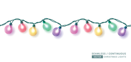 Christmas seamless lights vector design. Seamless xmas light with colorful endless garland decoration in white background. Vector Illustration.