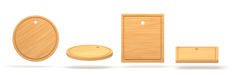 Wooden cutting or pizza boards front and top view, 3d render. Realistic round and rectangular wood tray set, natural eco kitchen planks for cut food isolated on white background