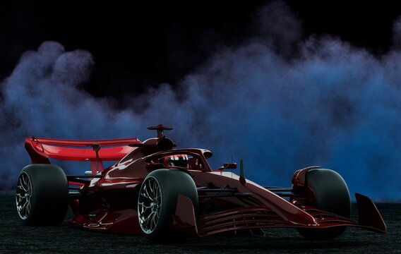 Red color sports race car in the dark setting, smoke ambience in the background. 3d rendering