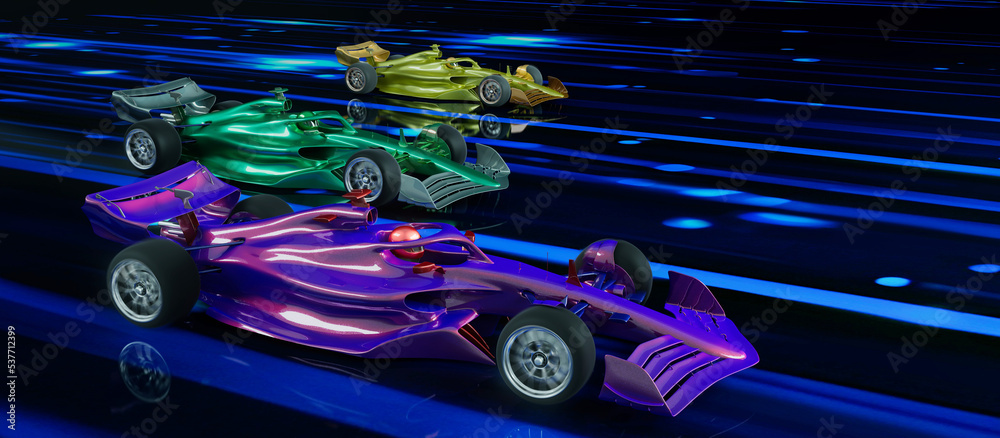 Wall mural racing sports cars with speed light effects. 3d rendering