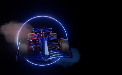 Sports racing car in blue, Circle neon light effect background. 3d rendering