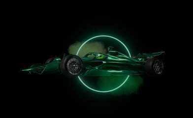 Sports racing car in green tone, neon light effect. 3d rendering