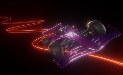 Purple sports racing car, background with glowing lights, light trails effect. 3d rendering