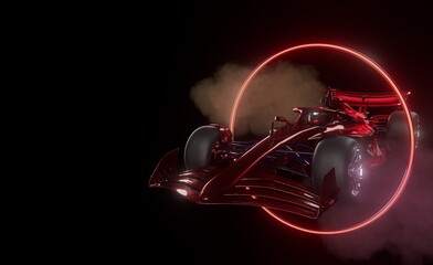 Rode kleur sportracewagen in de donkere omgeving, neonlichteffect achtergrond. 3D-weergave