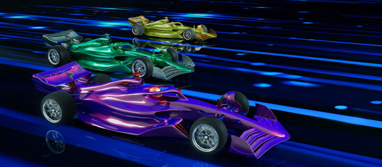 Racing sports cars with speed light effects. 3d rendering - obrazy, fototapety, plakaty