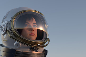 Girl astronaut looking far away, sun lit, glowing reflection on her helmet visor, bluish gray background environment. 3d rendering