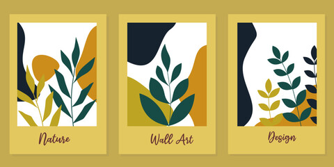 Botanical wall art vector set. colourful foliage line art drawing. Abstract Plant Art design for wall framed prints, canvas prints, poster, home decor, cover, wallpaper.