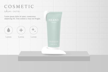 Facial cleanser and cosmetic product on bathroom background with foam.