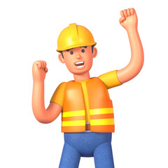 3d render of cheerful construction worker celebrating achivement, success