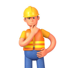 3d render of construction worker thinking, making decision, contemplating