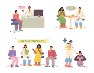 Drug Addicts Treatment Center. People are consulting a doctor and having a group meeting. flat vector illustration.