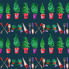 Seamless watercolor pattern gardening theme potted seedlings and gardening tools, horizontal, on dark blue background 