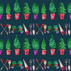 Seamless watercolor pattern gardening theme potted seedlings and gardening tools, horizontal, on dark blue background 