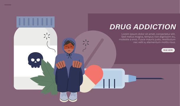 Man sitting drunk on drugs. There are various drug images in the background. flat vector illustration.