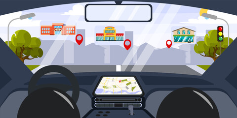 Vector illustration of beautiful GPS in car. Cartoon landscape with trip by car using navigator to school, supermarket, home against the backdrop of the city.