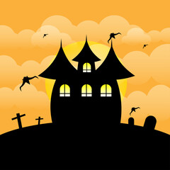 Halloween night scary house on the hill black castle on full moon background illustration Halloween festival concept haunted house