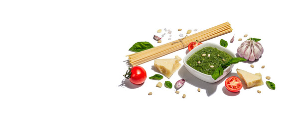 Traditional ingredients for the preparation of classic Italian pasta isolated on white background