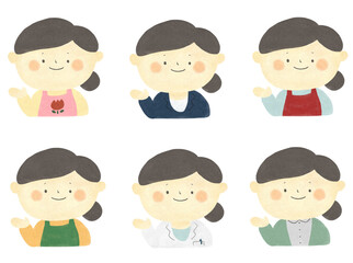 水彩画　様々な職業の女性のご案内イラスト素材セット