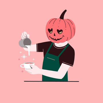 pumpkin head barista - making pumpkin spice latte drink - autumn cafe worker serving seasonal halloween coffee