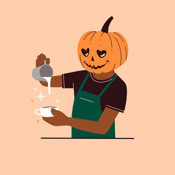 pumpkin head barista - making pumpkin spice latte drink - black worker serving seasonal halloween coffee autumn cafe beverage 