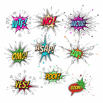 Speech bubble, boom sign expression and pop art text frames