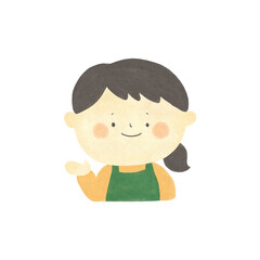 水彩画　ご案内　エプロンをつけた女性　手描きイラスト素材
