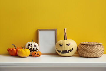 Blank frame with Halloween pumpkins and basket on mantelpiece near yellow wall