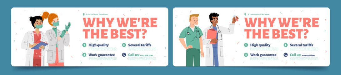 Fototapeta premium Medical center or lab promo flyer template set. Flat vector illustration of nurses and doctors in protective masks, gloves, scrubs on white background. Space for text. Professional healthcare services