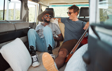 Comic, smile and friends on a road trip in a van for a holiday on the countryside of California together. Happy, freedom and relax men in communication in a car on a vacation for adventure and travel