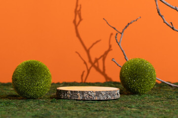 Wooden slice podium with grass balls on green moss on an orange background with shadows of tree...