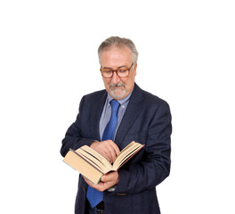 Senior teacher standing holding a book, with suit with necktie. Transparent background, png