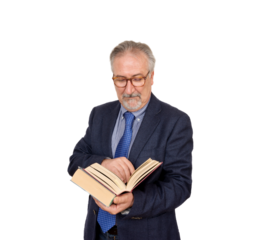 Senior teacher standing holding a book, with suit with necktie. Transparent background, png