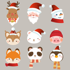 Fototapeta premium Cute christmas portrait with santa claus, snowman, elk and other animals with warm scarf or red hat