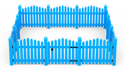 Wooden picket fence on white background that separates the objects