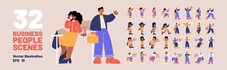 Business people scenes set with diverse men and women on workplace with table and computer, walk and run. Office workers with briefcases and phones, vector flat illustration