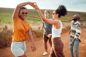 Dance, singing and friends walking in nature on holiday in the countryside of Kenya together in...