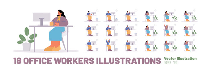 Large set of office workers flat vector illustration. Male and female characters sitting at computer desk isolated on white background. Happy, satisfied with success, sad and tired of stressful job