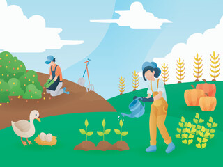 man and woman planting in a farm Art & Illustration