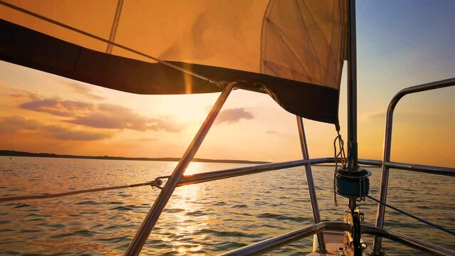 The front bow of a white sailing boat with sunset and sea background. Islands and clouds at horizon. Love in blue with copy space