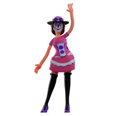   3D illustration. 3D Sugar Skull character cartoon with tall pose. while waving. with a slightly tilted body. 3D Cartoon Character