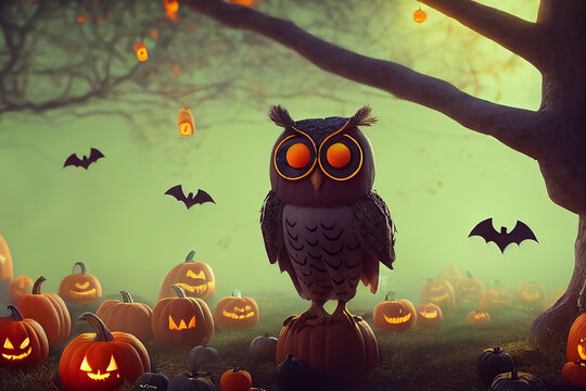 A scary zombie cartoon owl character in a foggy forest with Halloween pumpkins and bats, Halloween concept