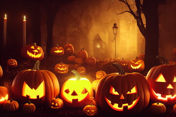 Jack o lantern pumpkins in a creepy foggy scene