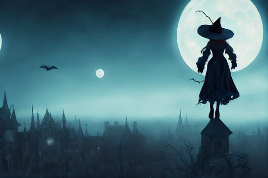 A scary witch on a broom under the whole moon, castles and bats on the background, Halloween concept