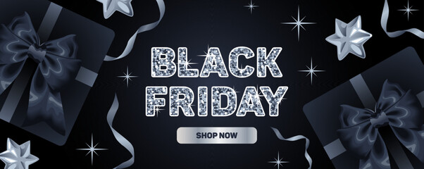 Black Friday. Bright horizontal vector illustration for sale, realistic style. Silver stars and ribbons, Gift boxes with satin bows. Brilliant lettering. For advertising banner, website, poster, flyer