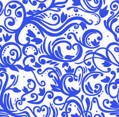 Floral pattern of blue color pattern on a white background, abstract design, seamless background.