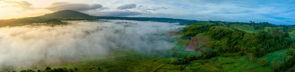 Mountains in fog at beautiful autumn in Phetchabun Thailand. Fog mountain valley, low clouds, forest, colorful sky with.  pine trees in spruce foggy forest with bright sunrise