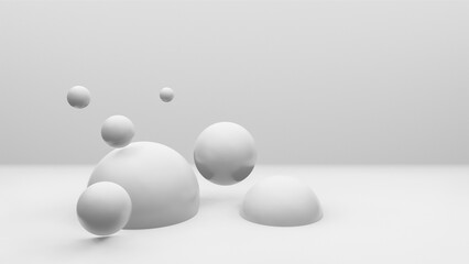 Spheres or balls floating in mid air above ground in realistic white studio interior, abstract 3D illustration with copy space for text