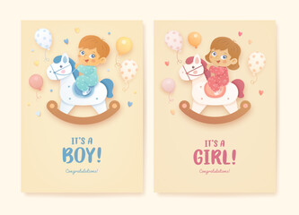 Set of baby shower invitation with cartoon boy and girl, rocking horse and helium balloons on beige background. It's a boy. It's a girl. Vector illustration
